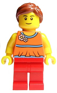 LEGO Minifigure-Orange Halter Top with Medium Blue Trim and Flowers Pattern, Red Legs, Reddish Brown Ponytail and Swept Sideways Fringe-Town-TWN172-Creative Brick Builders